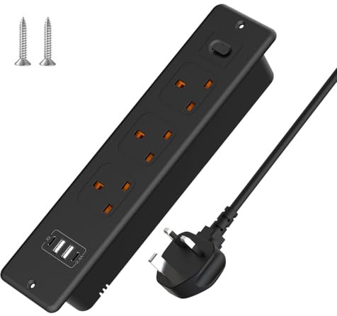 3M/9FT Extension Cord Power Strip,Recessed Desk Power Sockets with 2 USB A,2 USB-C Ports, Power Extension Lead with 3 Outlets With 2 Screws,Hidden in Furniture Desk Table for Home Office (Black)