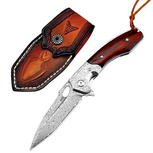 Taschenmesser Damast Klappmesser Sammeln aus Damaszener Damaststahl Holzgriff Klein Outdoor Messer Survival Jagdmesser Scharfe Einhandmesser Flipper Faltmesser Damaskus messer edc mit Leder Holster