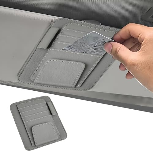 Organizador de la Visera del Sol del Coche, Tarjetero Parasol para Coche de Cuero PU, Soportes Gafas Coche con Ranuras, Bolsa Almacenamiento Visera Automóvil para Tarjetas y Bolígrafos (Gris)