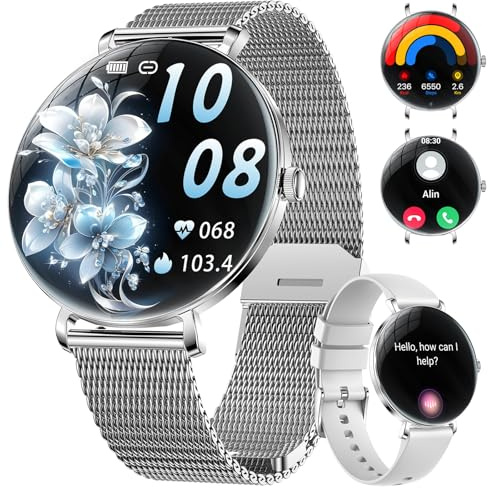 ESFOE Smart klocka för kvinnor, 1,43 tum ultratunn AMOLED-skärm, magnetisk laddare, damsportklocka med kvinnlig funktion/hjärtfrekvens/sömn/IP68 vattentät Android Smartwatch iOS silver