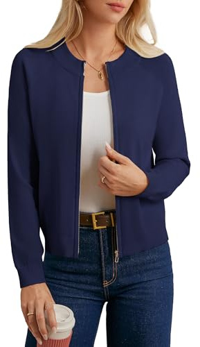 GRACE KARIN Women's Zip Cardigan Casual Knitted Jacket Sweater with Pockets | Raglan Long Sleeve Autumn Winter Cardigans Crew Neck Lightweight Stretch Ribbed Cardigans Office Casual Sweater Jacket