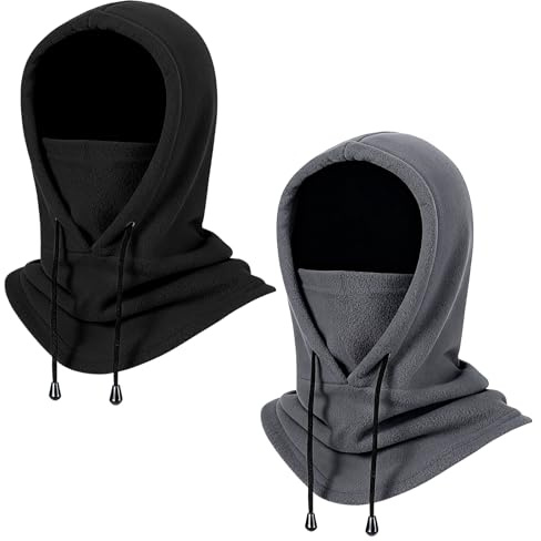 Funtery 2 Pcs Ski Mask Balaclava for Women Men, Fleece Face Winter Masks Windproof Hooded Scarf Hat Thermal Face Cover Neck Warmer (Black,Gray)