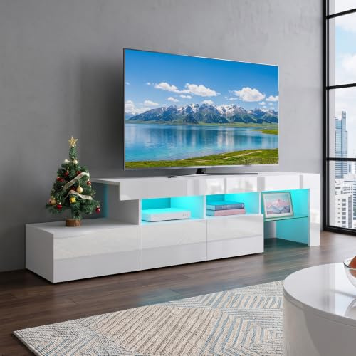 TV Cabinet for Living Room with 16-Colour LED Lights, White Gloss TV Unit | High Gloss, for TV up to 59 inch, TV Unit with Storage, Modern TV Stand Cabinet with 3 Drawers & 3 Open Shelves