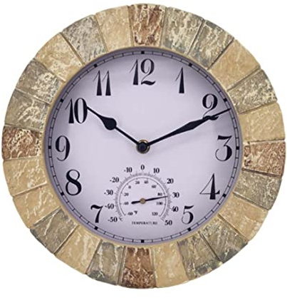 Lawnrden Reloj de Pared Colgante con termómetro Reloj de jardín Impermeable al Aire Libre Pared Retro para decoración del hogar 10 Pulgadas |.Retro