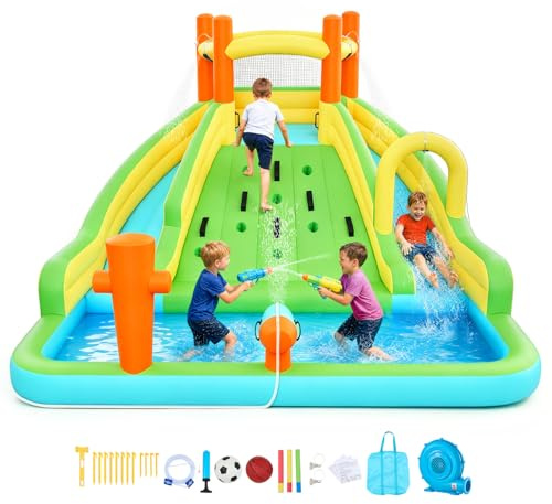 VEVOR Castello Gonfiabile Parco Acquatico per Bambini 405 x 347 x 255 cm da Esterno, Castello Gonfiabile con 2 Scivoli Parete da Arrampicata Capienza 3-4 Bambini da 3-8 Anni Gioco d'Acqua