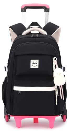 Tanou Mochilas Escolares con Ruedas para Niñas, Mochila Instituto para Adolescentes Chicas con Trolley Desmontable, 26L Mochila Casual con Carro de 6 Ruedas, Negra