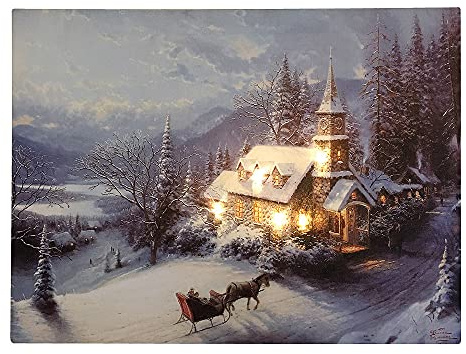 zeitzone LED Bild Winterlandschaft Kirche in den Bergen Weihnachten Leinwand Wandbild 28x38cm