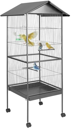 tectake® Pajarera con Ruedas Bloqueables y Bandeja Extraíble, Jaula Pajaros para Loro, Canario, Ninfas y Periquitos, Incluye Comedero, Bebedero y Rejilla Inferior Segura - 65 x 66 x 162 cm