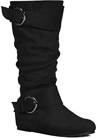 RF ROOM OF FASHION Dublin-01 Women's Wide Calf Knee High Comfort Boots - Low Hidden Wedge - Hidden Pocket BLACK Size.8.5