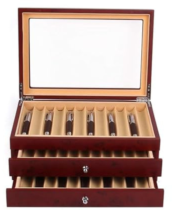 3 Layer Wood Pen Display Box 34 Pen Organizer Box,Pen Display Case Storage and Fountain Pen Collector Organizer Box with Glass Window Thanksgiving Christmas Gift(Red)