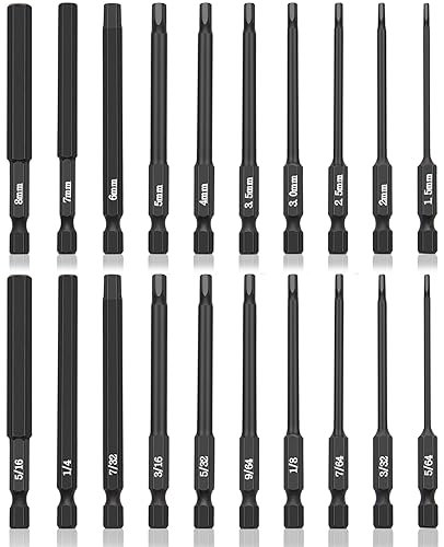 NAUIX 20 Piece Hex Head Allen Wrench Drill Bit Set, 1/4 Inch Shank Metric and SAE S2 Steel Hex Bit Set, Magnetic Tips 3 Inch Long