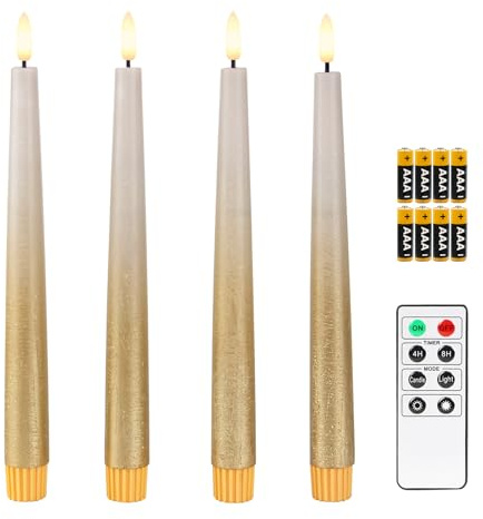 Fanna 4 flamlösa LED avsmalnande ljus med timer i äkta vax, batteridrivna rustika metalliska middagsljus med fjärrkontroll, 8 batterier ingår – H 24,5 cm – sandgrå/guld