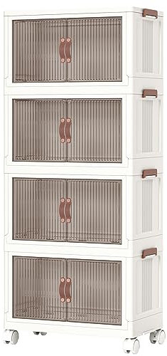 HOOBRO Aufbewahrungsbox mit Deckel, 41,6 L Kunststoff-Aufbewahrungs Behälter mit Rädern, 4 Packungen Stapelbare Kisten Ordnungsboxen mit Türen, Faltbare Aufbewahrungsbehälter, Weiß EWG442CW01
