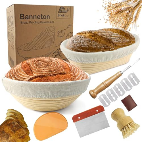 SnailDigit Sauerteigbrot Backzubehör: 9 Zoll Runde & 10 Zoll Ovale Banneton Brot Gärkorb mit Einlage + Brotlame + Teigschaber + Bambusbürste, Backset für Kunsthandwerk Brotbacken Geschenke für Bäcker