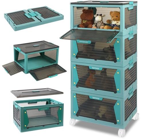 Rainberg Large Storage Boxes with Lids, Strong & Sturdy Plastic Storage Boxes, Stackable Nestable Container for Home & Office use. (Blue & Grey, 4 Tier 320L Storage)