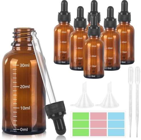 GROFIS 6 st 30 ml glasdroppare, bruna glasdropperflaskor, droppflaskor med 2 tratar, 2 pipetter, 1 klistermärke, påfyllningsbara flaskor för laboratorieolja