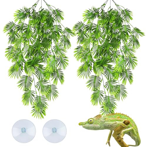 QUOZUO 2 Pack Reptile Plants Terrarium Hanging Plants Artificial Leaves with Suction Cups, Bearded Dragon Tank Accessories for Leopard Lizard Snake Geckos Chameleon