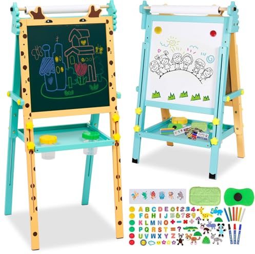 Kids Art Easel with Paper Roll Storage Tray Double-Sided Adjustable Height Whiteboard & Chalkboard Standing Easel with Numbers and Other Accessories Painting Drawing Board for Toddlers Boys Girls