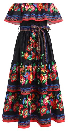 EFOGEP Vestito Messicano Estate Boho Floreale Drape Abito Off Shoulder Tradizionale Cinco De Mayo Fiesta Folklorico Abiti Bohemian Compleanno Festa Lunghi Maxi Abito con Cintura, Nero , 7-8 Anni