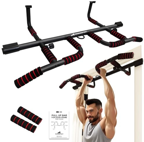 RHINOSPORT Klimmzugstange für Türrahmen – Pull Up Bar Doorway mit Multigriff-Positionen Griffen – Ohne Bohren, Rutschfest bis 200kg (440lbs)– Für Türen 65-92cm (25.5-36.2in)