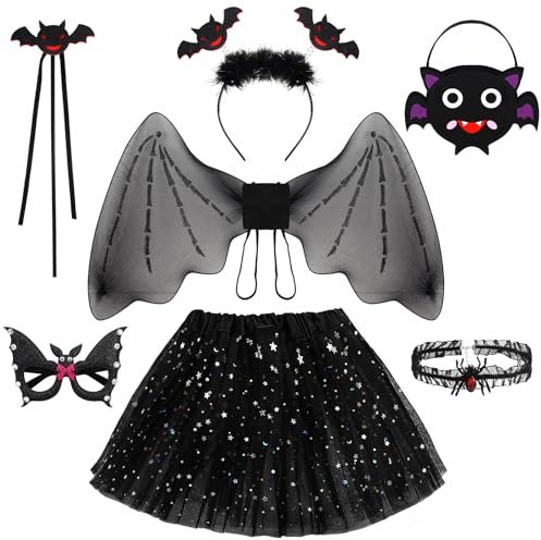 Déguisement Chauve Souris Fille, 7 Pièces Déguisement de Halloween Enfant avec TuTu Fille Ailes Collier Sacs de Bonbons Bricolage, Costume de Enfants pour Halloween Carnaval Cosplay Part (Noir)