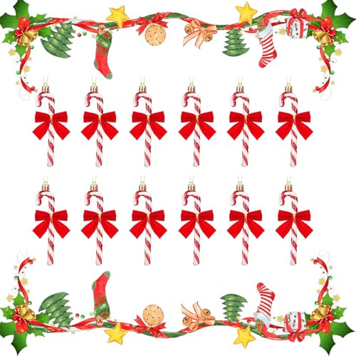 Hpamba 24 stycken julpynt, sockerstång med rosetter, julkula i sockerpinnsform, glitter, julgransprydnad för julgransdekoration (röd)