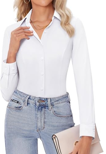 siliteelon Womens Stretch Button Down Shirts Slim fit Long Sleeve Dress Shirt Wrinkle Free Collared Business Casual Blouse White M