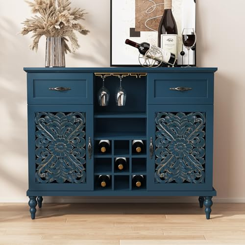 HOLTICO Vintage Drinks Cabinet, Wine Cabinet for 9 Bottles, Bar Cabinet with Glass Holder, Wine Rack Sideboard Buffet for Living & Dining Room, Blue