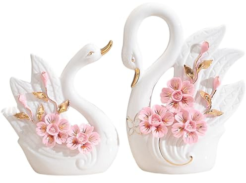 Latemeia Statuetta di cigno in ceramica, set di 2 - Elegante statua di cigno per la decorazione domestica, centrotavola romantico per soggiorno, matrimonio, uso domestico