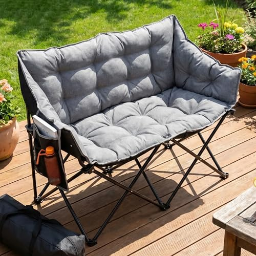 LIFERUN Double Chaise de Camping Pliable 320KG, Canapé de Camping avec 2 Places, Chaise Rembourrée d'extérieur, avec Poche latérale et arrière, Sac Inclus, pour Pêche, Plage, Randonnée, Jardin, Gris