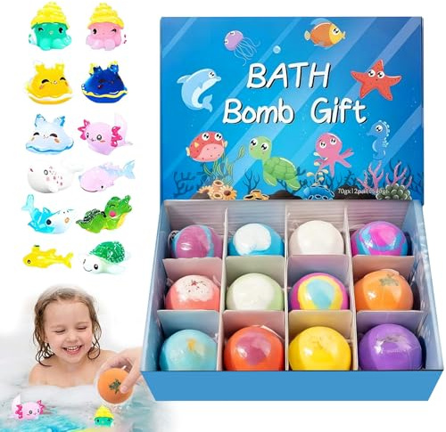 Bombas de Baño para Niños con Juguete Sorpresa – Pack 12 Bolas de Baño Marinas, Natural y Orgánico, Regalo de Cumpleaños, Día del Niño y Detalle Infantil