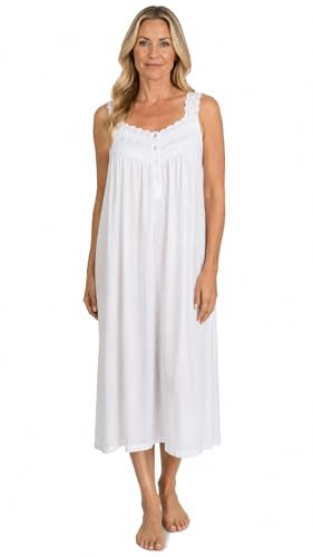 i-Smalls Womens Victorian Cotton Nightdress Sleeveless Lace Trim Nightie Lightweight Breathable Summer Nightdress Button Front Long Nightgown Sleepwear (M) White