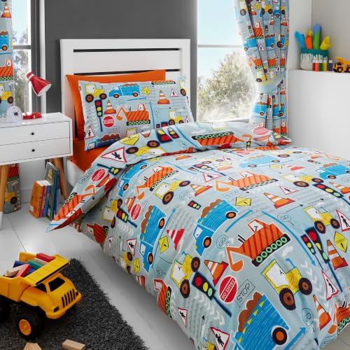 Kids Boys Big Digger Trucks Grey Single Reversible Duvet Cover Bedding Set