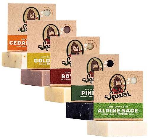 Dr. Squatch Natural Men’s Bar Soap - Cold Process Body Soap Bar with Natural Oils - Gifts for Men - Cool Fresh Aloe, Gold Moss, Pine Tar, Cedar Citrus & Alpine Sage (5 oz, 5-Pack)