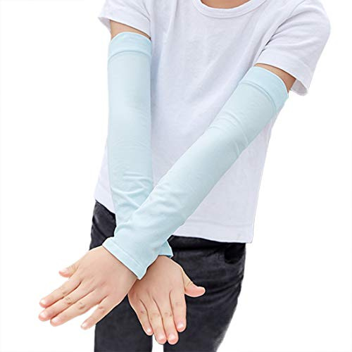 YONKOUNY 1 Paire Manchette Anti UV Enfant Manchons de Bras Refroidissement Anti Soleil Bras de Protection pour Golf Basket-Ball Cyclisme Football Pêche Activités en Plein Air(5-12 Ans) (Bleu Clair)