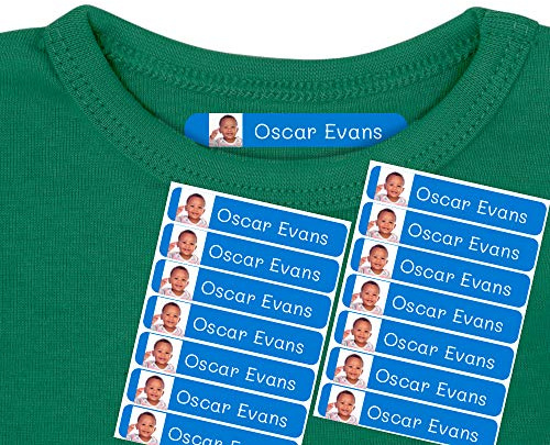 50 étiquettes thermoadhésives pour vêtements personnalisés avec photo ou image, pour marquer tout vêtement à l'aide du fer à repasser. 6 x 1 cm. Couleur Bleu foncé