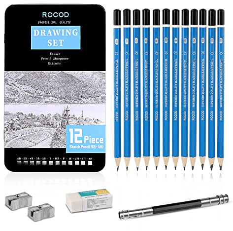 ROCOD Profession sketch pencils 6B to 4H for kids and adults drawing,Art graphite pencil for artists beginner sketching.