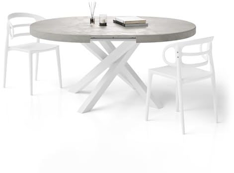 Mobili Fiver, Table Ronde Extensible Emma, Gris Béton, avec Pieds Blancs croisés, Made in Italy 120 cm x 120 cm x 74 cm