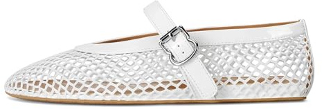 MICIFA Women's Mesh Ballet Flats Fishnet Ballerina Flats Buckle Strap Mary Jane Causal Daily Dress Shoes White