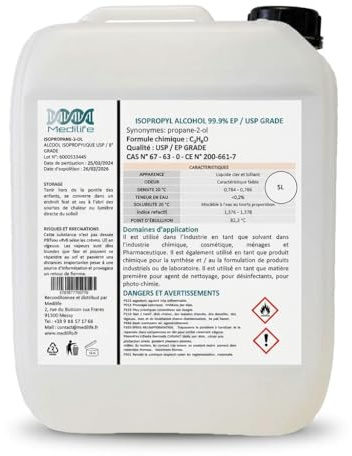 Medilife 5 L isopropylalkohol 99,9 % extra ren - IPA flytande isopropanol perfekt som lösningsmedel, EP/USP Grade rengöringsmedel och avfettningsmedel