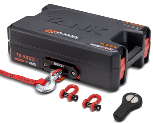 RUGCEL WINCH Portable Winch 12V DC Electric Utility winch,4500lb/2041kg Single Line Pull with Steel Mounting Plate, Integrated Hawse Fairlead and Synthetic Rope,Infrared remote control,atv utv winch
