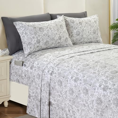 Elegant Comfort Softest and Coziest 6-Piece Sheet Set - 1500 Premium Hotel Quality Microfiber - Deep Pocket, Wrinkle Resistant 6-Piece Paisley Pattern Bed Sheet Set, Queen, Paisley Gray