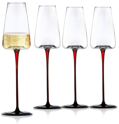 LEMONSODA Concave Champagne & Wine Glasses - Modern Red Stem & Black Bottom for Sparkling Wine, Rosé, Prosecco, Champagne – Handcrafted Barware, Perfect for gift (9oz, Set of 4)