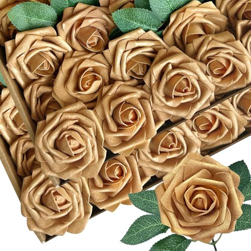 50 rosas artificiales de espuma con tallos, 12 hojas, rosas de imitación de aspecto real para ramos de boda, centros de mesa, arreglos de mesa de fiesta, decoración de bricolaje (50, polvo dorado)