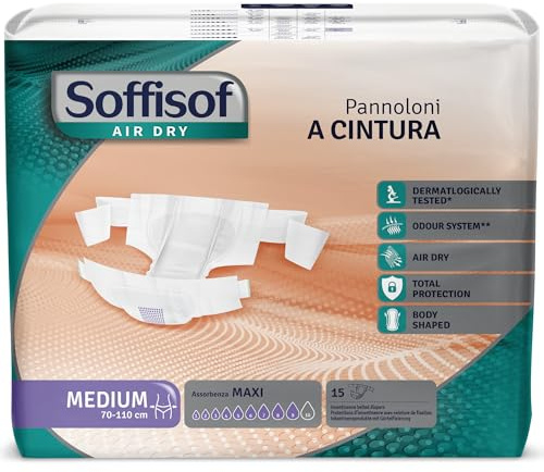 Soffisof Air Dry Pañales Adultos Maxi M - 15x Pañales para Adultos con Cinturón - Maxima Absorción Hasta 9 Gotas - Protección Incontinencia Hombre y Mujer - Paquete Individual