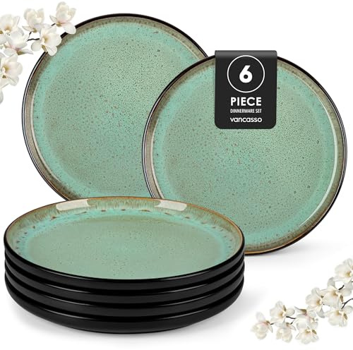 vancasso AMBER Set di 6 Piatti Piani Moderni in Gres - 26cm Piatti da Portata e per Pasta, Adatti al Forno a Microonde e Lavabili in Lavastoviglie - Smalto Verde