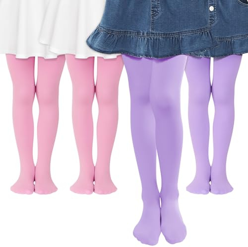 RAYORISA 4 Pairs Girls Ballet Tights Kids Dance Footed Leggings Girls Pink Purple Tights Toddlers Dress Semi Opaque Stockings,9-12Years
