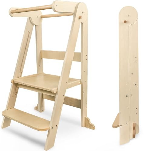 Foldable Learning Tower, Wooden Toddler Tower with Non-Slip Design, Kids Kitchen Helper with 3 Adjustable Heights & Safety Rails, Montessori Step Stool for Kitchen Counter Bathroom (Natural)