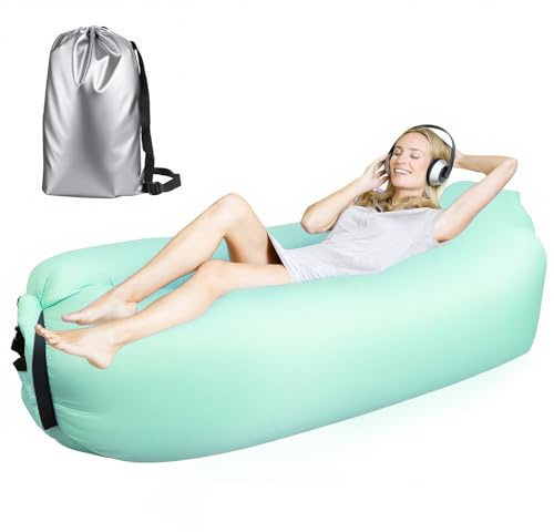 FainFun Sofa Gonflable Plage, 200 * 70cm Canapé Plage Gonflable, Transat Gonflable Vent, Hamac Gonflable Exterieur, pour Le Camping, la Mer, la Plage, Le Salon d'air (Épaissi, Vert Glace)