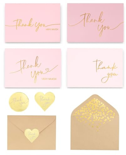 Winoo Design 100 PK Pink and Gold Thank You Cards with Envelopes Bulk - 5 x 3.5 Inches Personalized Thank You Notes for Baby Shower Wedding Small Business Graduation Funeral Birthday